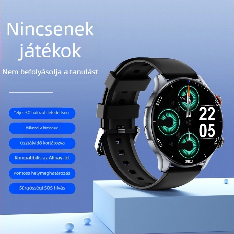 Gyerekeknek szánt okosóra telefonfunkcióval – SIM-kártya bemenet, érintés+gombos működés, szilikon szíj, kerek számlap, kamera