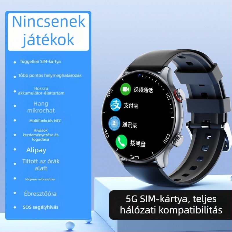 Gyerekeknek szánt okosóra telefonfunkcióval – SIM-kártya bemenet, érintés+gombos működés, szilikon szíj, kerek számlap, kamera