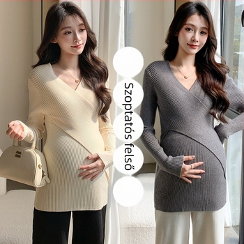 V-nyakú kismama kötött felső, slim fit, utcai stílus