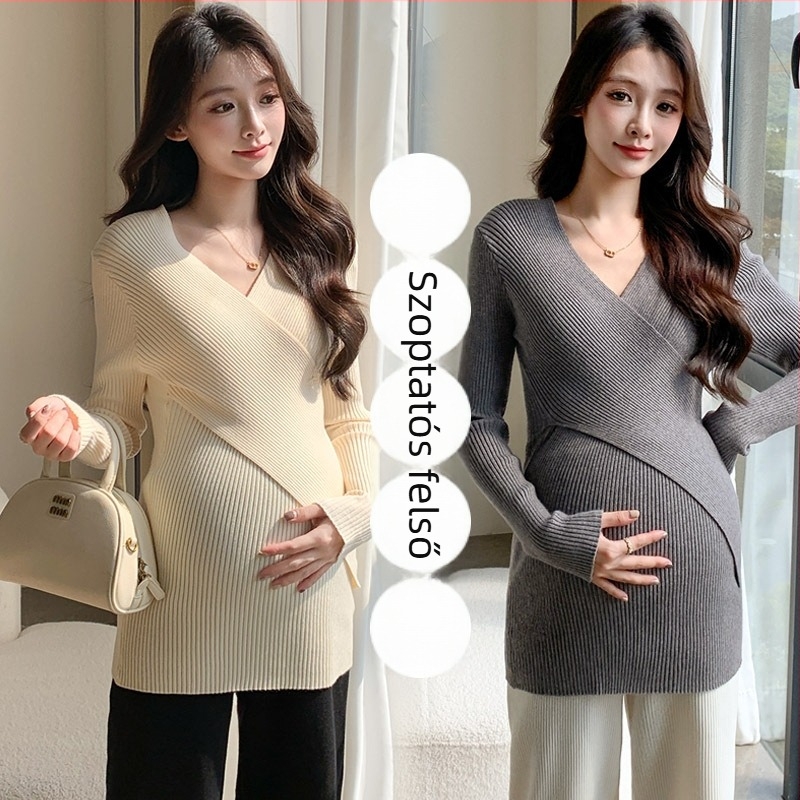 V-nyakú kismama kötött felső, slim fit, utcai stílus
