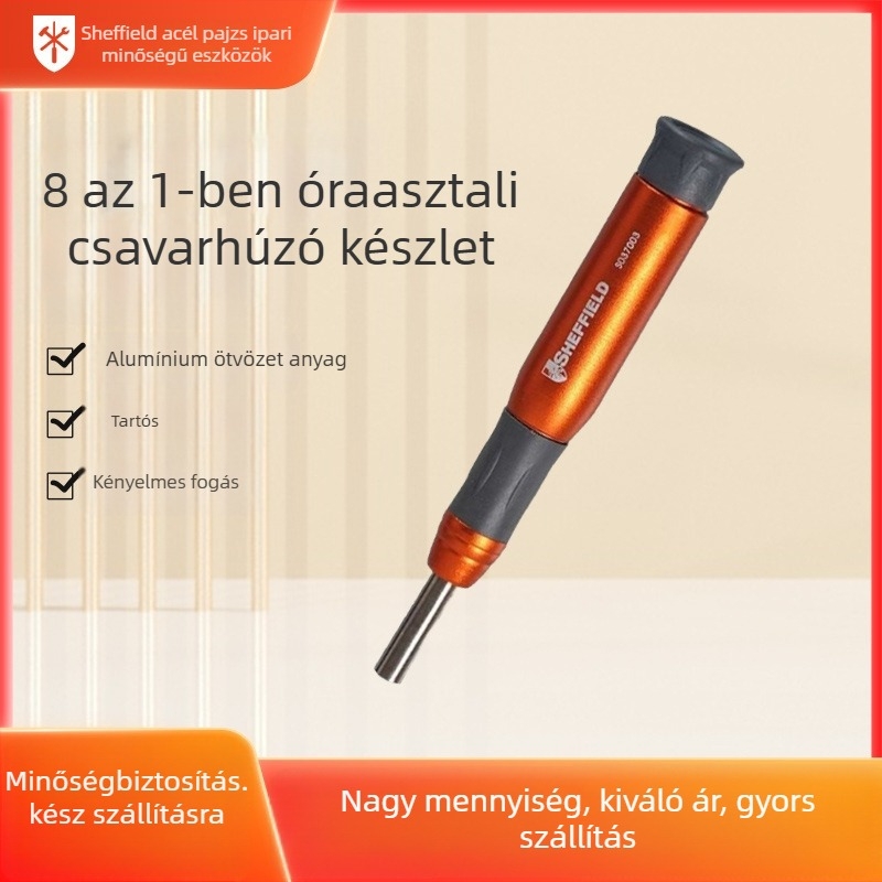8-in-1 csavarhúzó alumíniumötvözet nyéllel, mágneses, S2 szerszámacél, órákhoz
