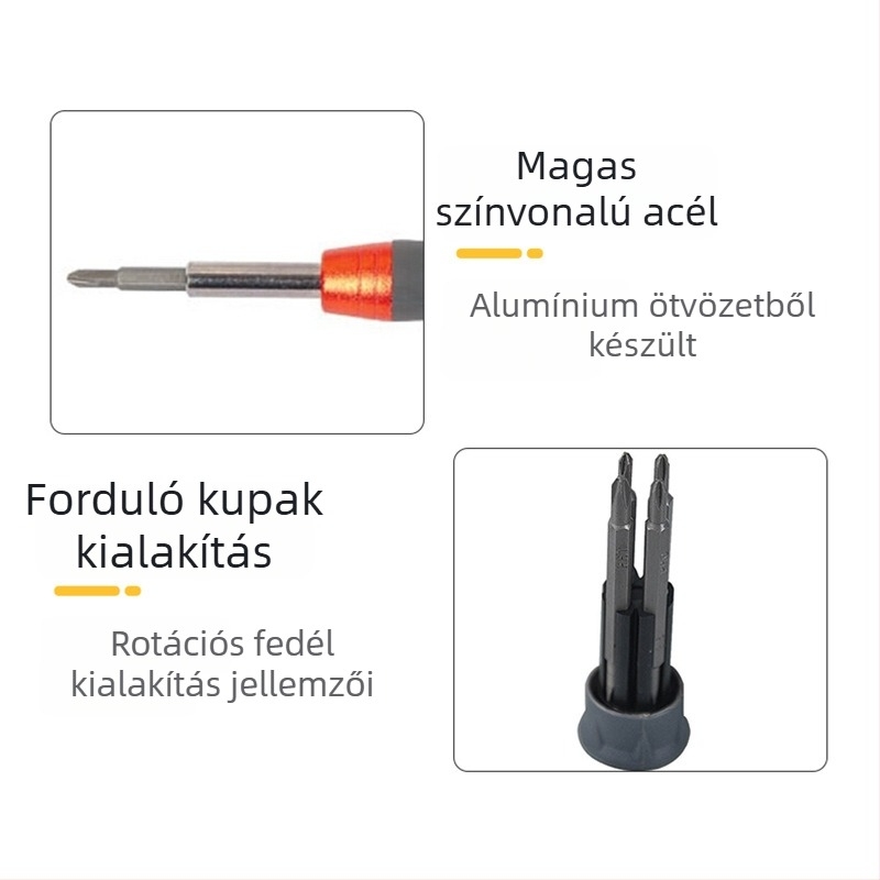 8-in-1 csavarhúzó alumíniumötvözet nyéllel, mágneses, S2 szerszámacél, órákhoz