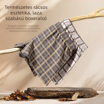 Férfi pamut kockás pizsama nadrág és boxeralsó, laza szabás, otthoni viselet, plusz méret