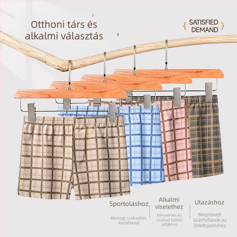 Férfi pamut kockás pizsama nadrág és boxeralsó, laza szabás, otthoni viselet, plusz méret