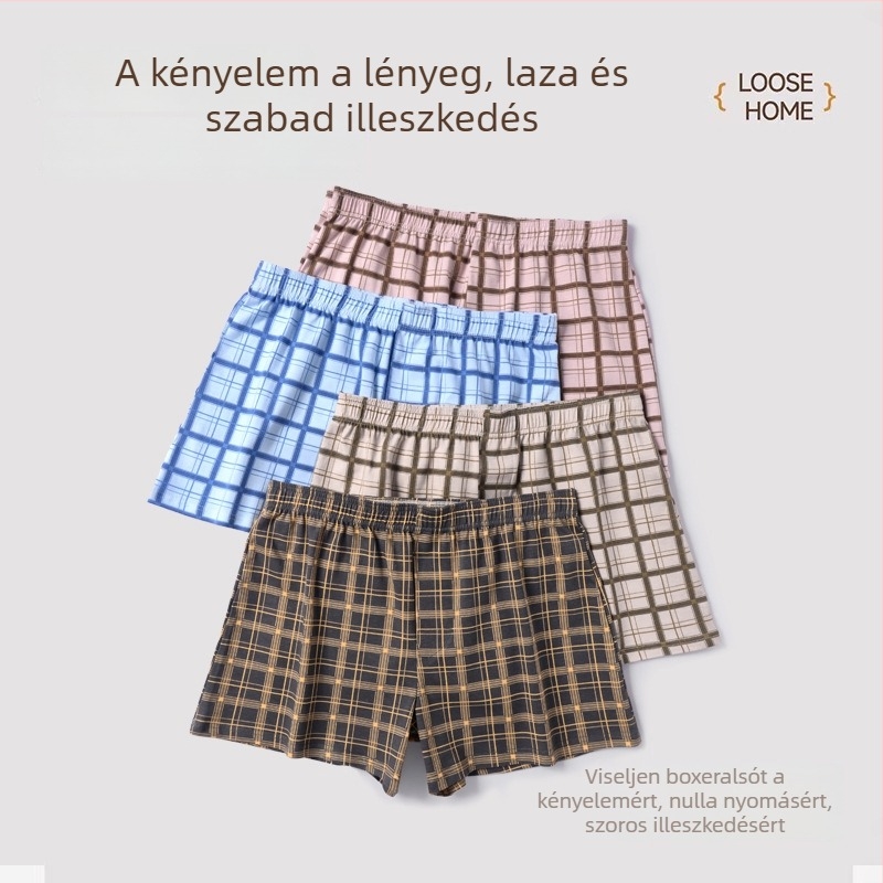 Férfi pamut kockás pizsama nadrág és boxeralsó, laza szabás, otthoni viselet, plusz méret