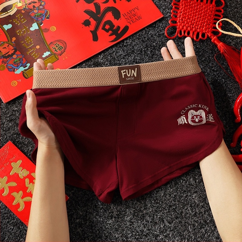 Piros férfi pamut boxeralsó, kényelmes és lélegző, kínai stílusú ünnepi állatévhez, nagy méret