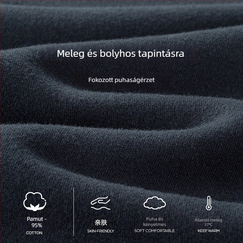 Férfiaknak készült tiszta pamutból, fleece-bevonatú, extrán vastag termo alsóruha szett – hosszú ujjú felső és nadrág, egyszínű