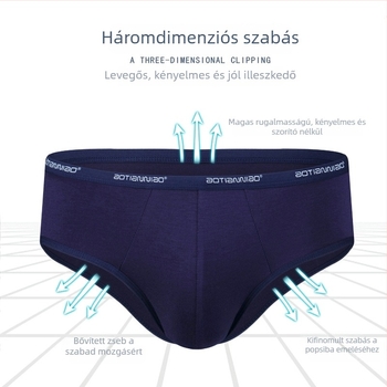 Férfi briefs, lélegzők, középmagas derék, kötött anyagú regenerált cellulóz rostokból, belső modal bélés 90–95%.