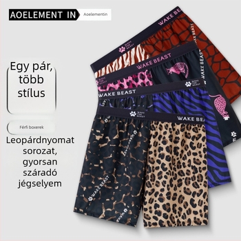 Férfi leopard mintás boxeralsó, ventilált poliészter szövet, antibakteriális, középmagas derekú, nyár