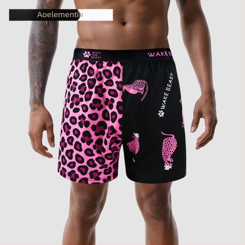 Férfi leopard mintás boxeralsó, ventilált poliészter szövet, antibakteriális, középmagas derekú, nyár