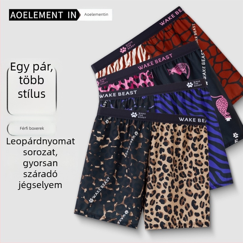 Férfi leopard mintás boxeralsó, ventilált poliészter szövet, antibakteriális, középmagas derekú, nyár
