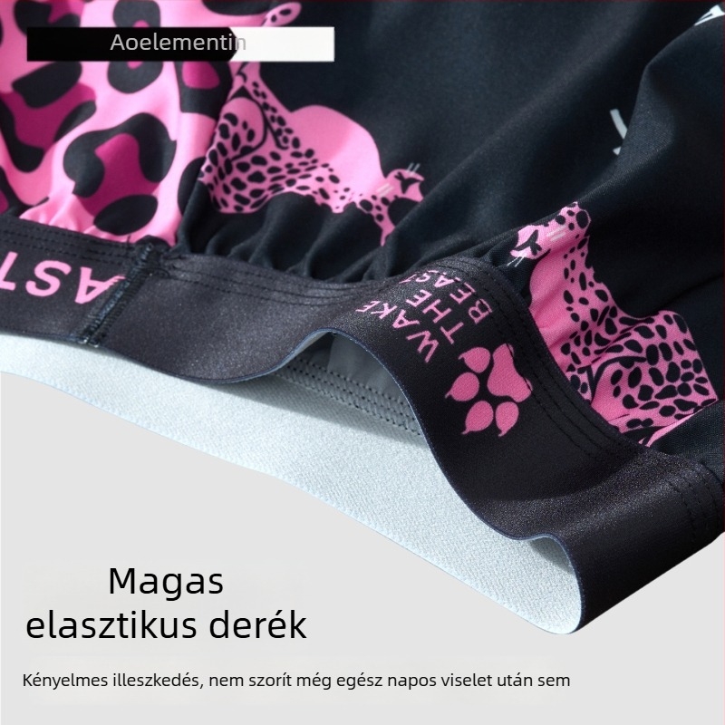 Férfi leopard mintás boxeralsó, ventilált poliészter szövet, antibakteriális, középmagas derekú, nyár