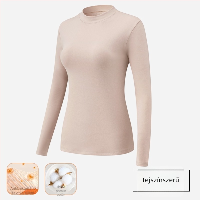 Női pamut alapréteg felső fleece-béléssel, vastag, antibakteriális, meleg, közepes nyakú, hosszú ujjú, 7A pamut