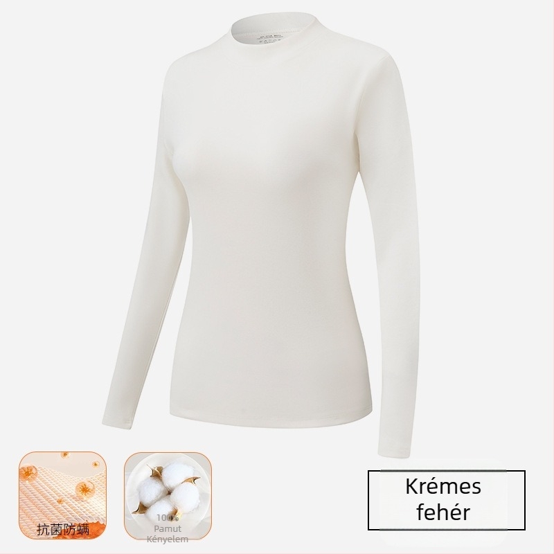 Női pamut alapréteg felső fleece-béléssel, vastag, antibakteriális, meleg, közepes nyakú, hosszú ujjú, 7A pamut