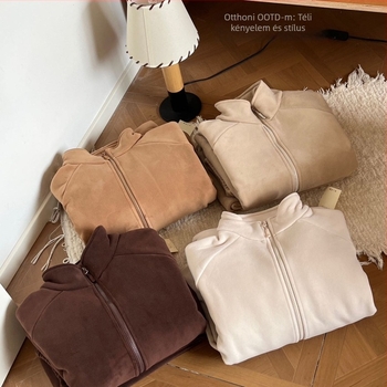 Női téli pizsamakészlet álló galléros cipzárral, delfin fleece, vast és meleg, laza otthoni viselet