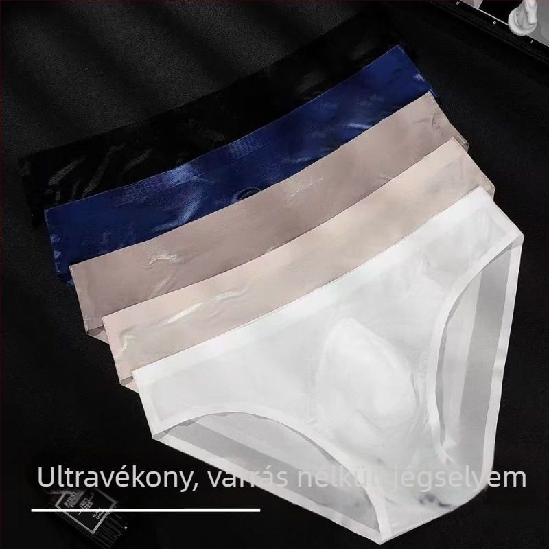 Férfi varrat nélküli brief, 3D kontúr, gyöngyházfényű Ice Silk anyag, ultra vékony átlátszó anyag