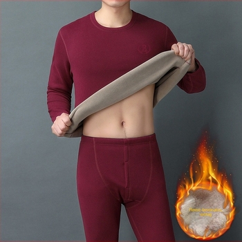 Férfiaknak készült, seamless termikus alsó-nadrág készlet fleece béléssel, vast anyag, tigrisfej mintázat, kerek nyakú felső és hosszú ujjú nadrág