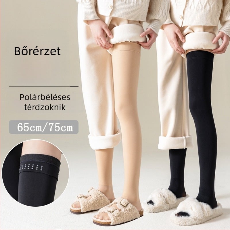 Női téli meleg zokni, vastag fleece belsővel, térd fölé érő hosszú, fekete és bőrszínű, csúszásmentes