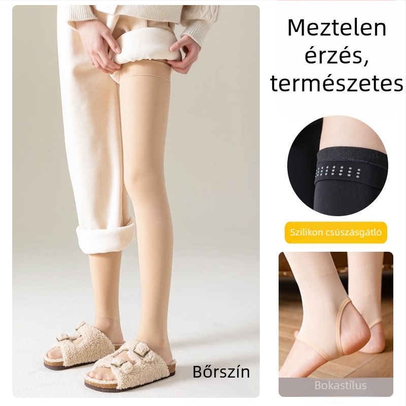 Női téli meleg zokni, vastag fleece belsővel, térd fölé érő hosszú, fekete és bőrszínű, csúszásmentes