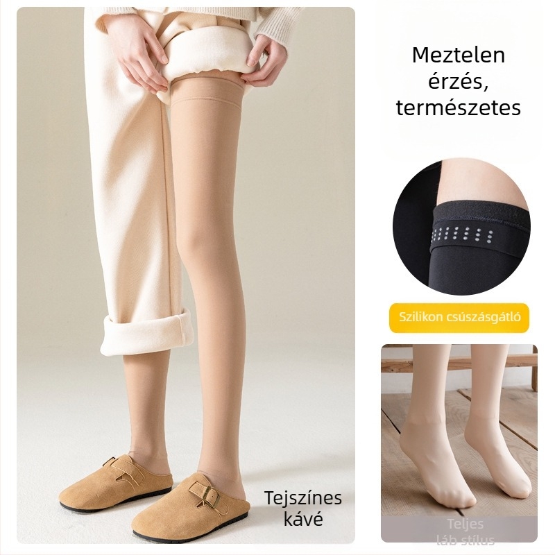 Női téli meleg zokni, vastag fleece belsővel, térd fölé érő hosszú, fekete és bőrszínű, csúszásmentes
