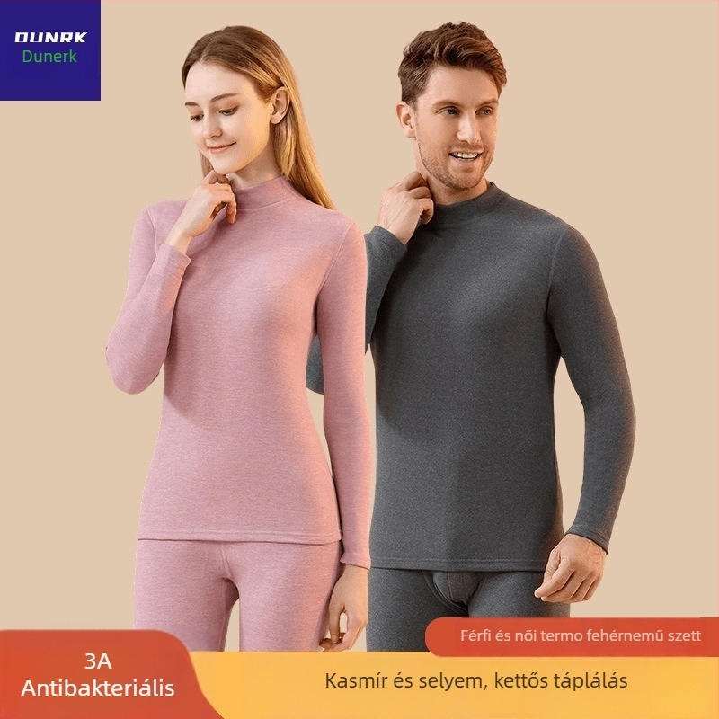 Unisex kasmír-selyem termoszett, fél magas galléval, fleece-béléssel és vastag anyaggal, felső rész hosszú ujjú és nadrág