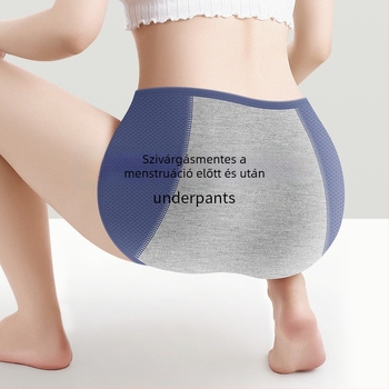 Jégselyem anyagú menstruációs bugyi, védelmet nyújt a szivárgások ellen, középmagas derekú, kötött stílus; fő anyag 92% nylon, ágyéki bélés 82.2% viszkóz.