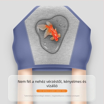 Jégselyem anyagú menstruációs bugyi, védelmet nyújt a szivárgások ellen, középmagas derekú, kötött stílus; fő anyag 92% nylon, ágyéki bélés 82.2% viszkóz.