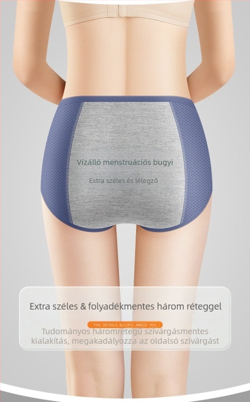 Jégselyem anyagú menstruációs bugyi, védelmet nyújt a szivárgások ellen, középmagas derekú, kötött stílus; fő anyag 92% nylon, ágyéki bélés 82.2% viszkóz.