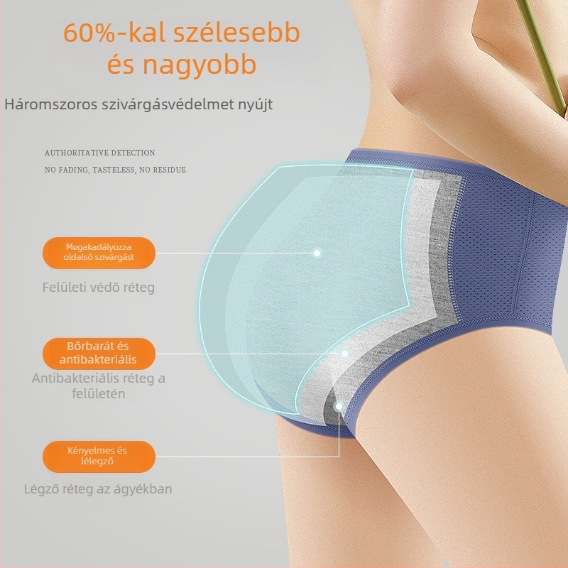 Jégselyem anyagú menstruációs bugyi, védelmet nyújt a szivárgások ellen, középmagas derekú, kötött stílus; fő anyag 92% nylon, ágyéki bélés 82.2% viszkóz.