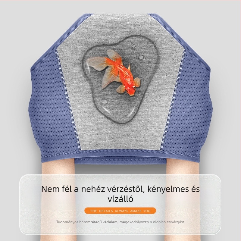 Jégselyem anyagú menstruációs bugyi, védelmet nyújt a szivárgások ellen, középmagas derekú, kötött stílus; fő anyag 92% nylon, ágyéki bélés 82.2% viszkóz.