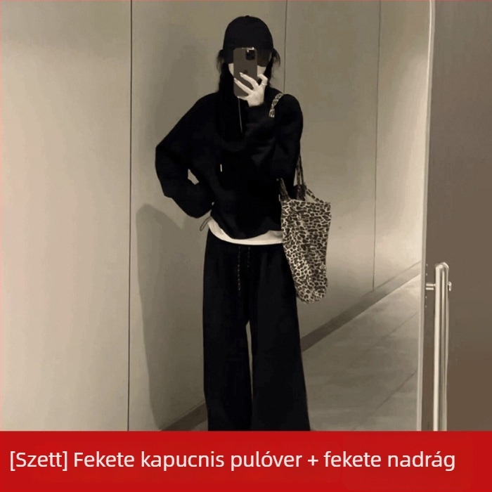 Női őszi casual két darabos szett: magas derekú felső és széles lábú nadrág, lazán szabott pulóverrel (ősz 2025)