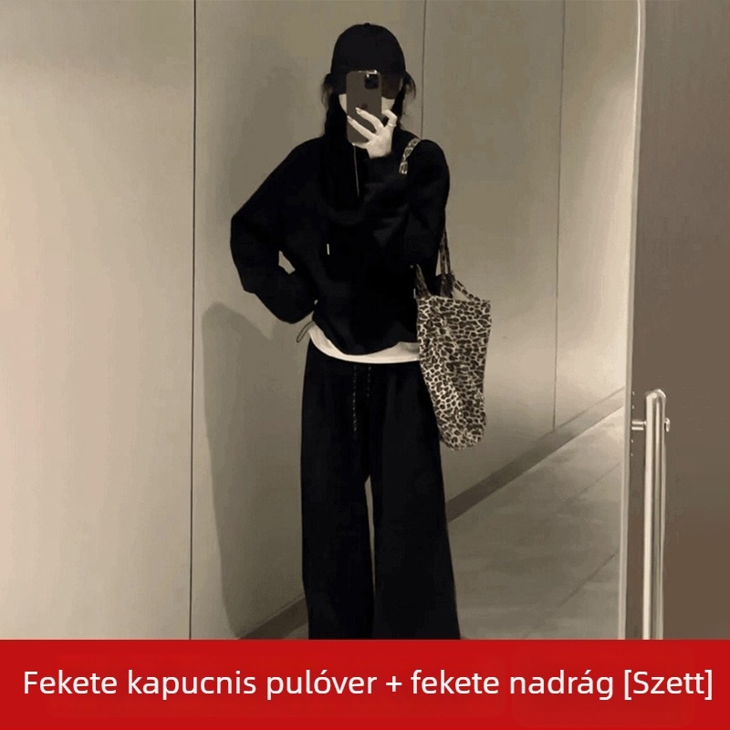 Női őszi casual két darabos szett: magas derekú felső és széles lábú nadrág, lazán szabott pulóverrel (ősz 2025)
