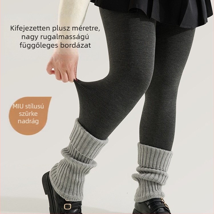 Plusz méretű szürke női leggings fleece-béléssel, őszi-téli vastag, magas derék, hasformázás, fenékemelés