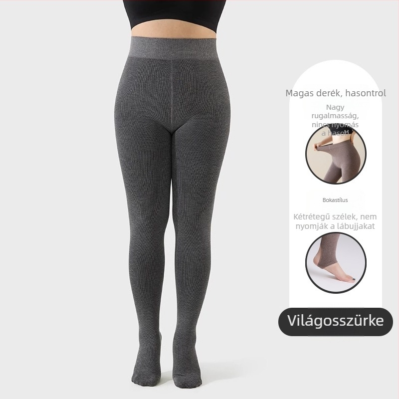 Plusz méretű szürke női leggings fleece-béléssel, őszi-téli vastag, magas derék, hasformázás, fenékemelés