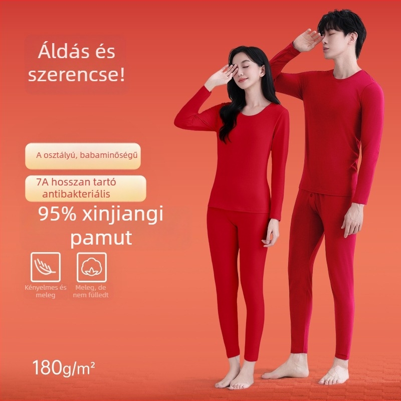 Piros színű pamut termo fehérnemű készlet férfiaknak és nőknek – felső és nadrág, meleg alapréteg