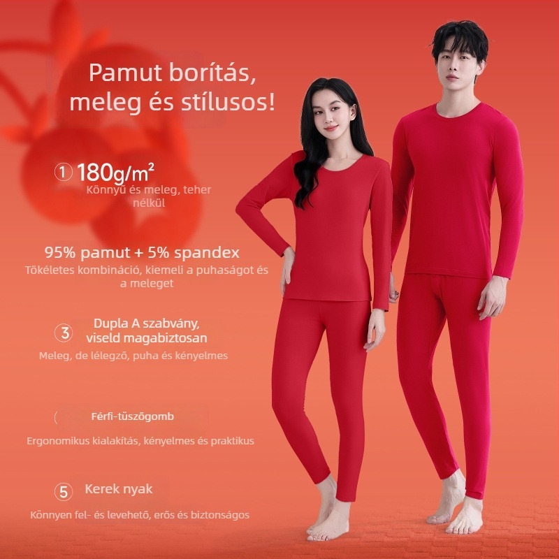Piros színű pamut termo fehérnemű készlet férfiaknak és nőknek – felső és nadrág, meleg alapréteg
