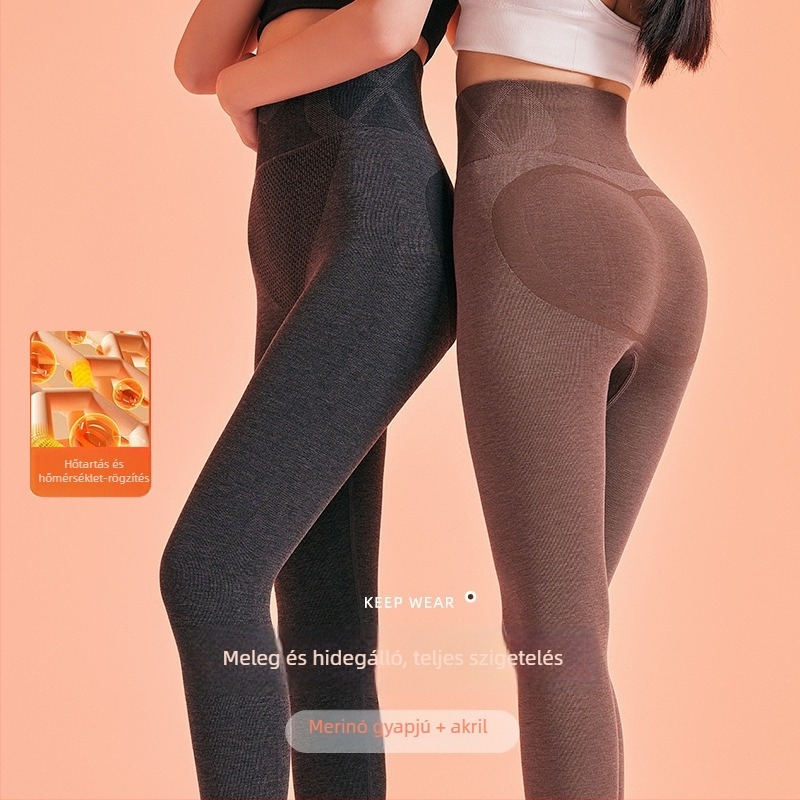 Melegítő jellegű, karcsúsító, magas derekú varrat nélküli leggings akrilgyapjú keverékből, kényelmes a hideg időben, őszi viselet