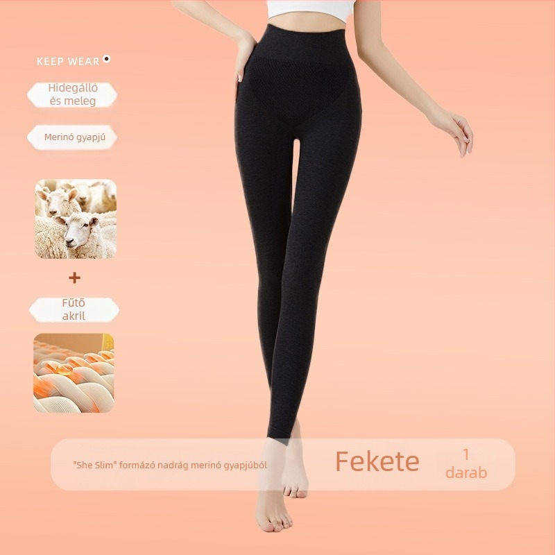 Melegítő jellegű, karcsúsító, magas derekú varrat nélküli leggings akrilgyapjú keverékből, kényelmes a hideg időben, őszi viselet