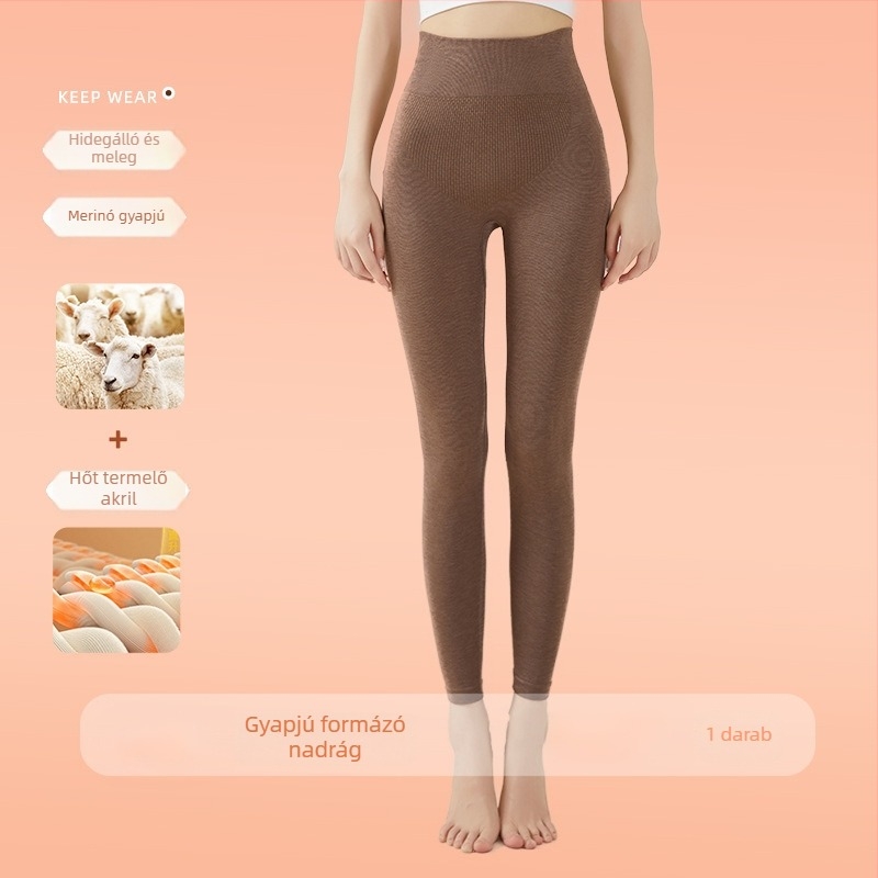 Melegítő jellegű, karcsúsító, magas derekú varrat nélküli leggings akrilgyapjú keverékből, kényelmes a hideg időben, őszi viselet