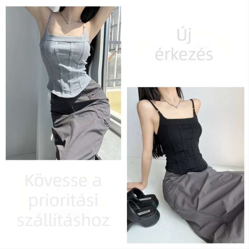 Szexi halszálkás vállpántos top beépített melltartó párnákkal, ujjatlan, karcsú szabású, nyári alapdarab