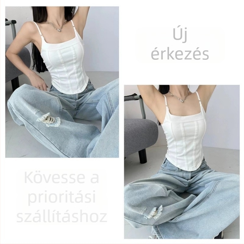 Szexi halszálkás vállpántos top beépített melltartó párnákkal, ujjatlan, karcsú szabású, nyári alapdarab
