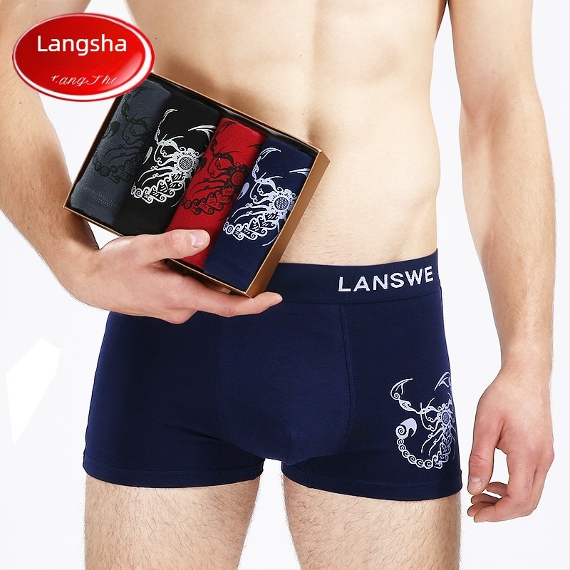 95% pamutból készült férfi középmagas derekú boxeralsó, lélegző, mintás, 4 darabos készlet