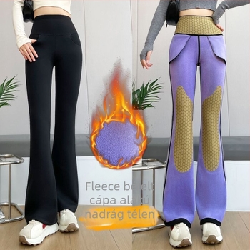 Nylon bootcut nadrág, magas derekú, elülső zsebekkel, vastag meleg anyagból téli viseletre