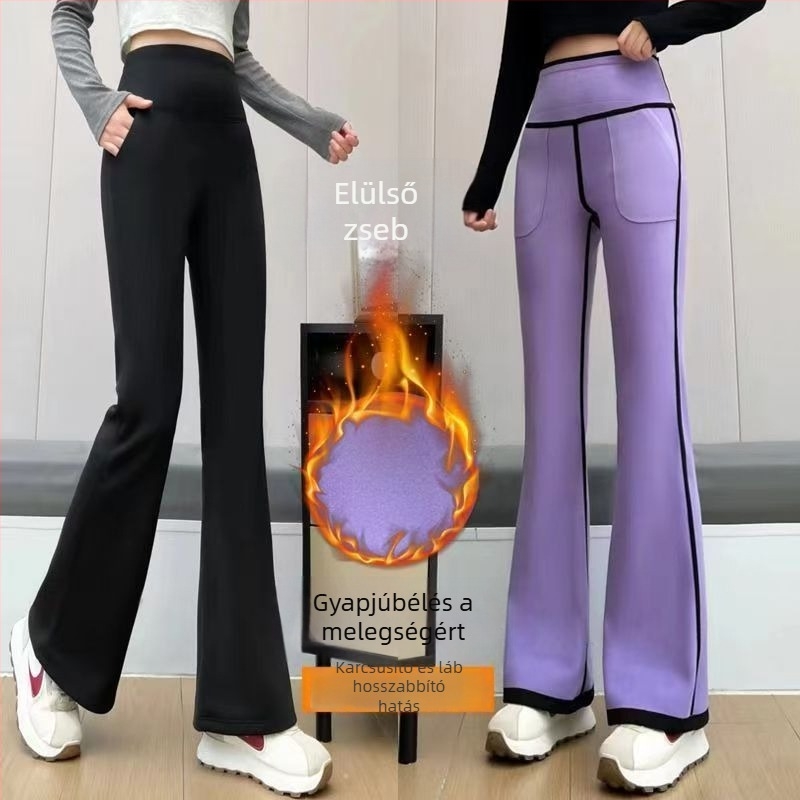 Nylon bootcut nadrág, magas derekú, elülső zsebekkel, vastag meleg anyagból téli viseletre