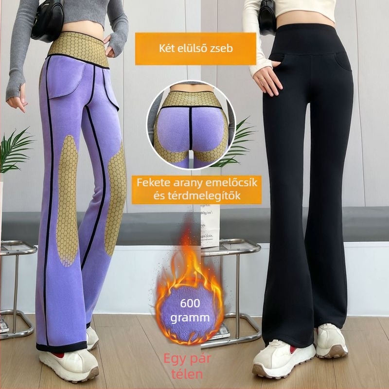Nylon bootcut nadrág, magas derekú, elülső zsebekkel, vastag meleg anyagból téli viseletre