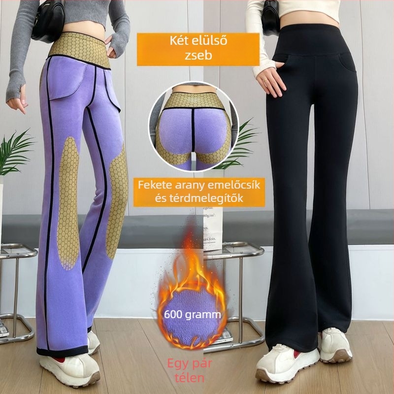 Nylon bootcut nadrág, magas derekú, elülső zsebekkel, vastag meleg anyagból téli viseletre