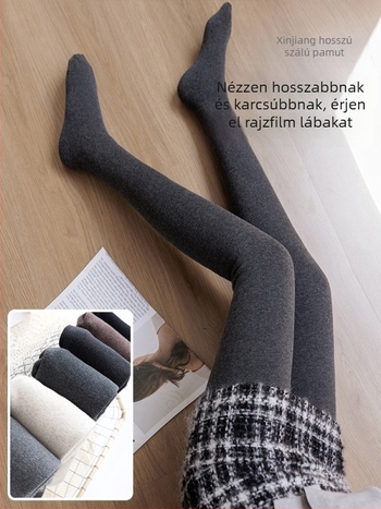 Szürke fleece-beléssel bélelt harisnya ősz-télre, vékony plüss belsővel, egy darabos modell, karcsúsító bordázott mintázat