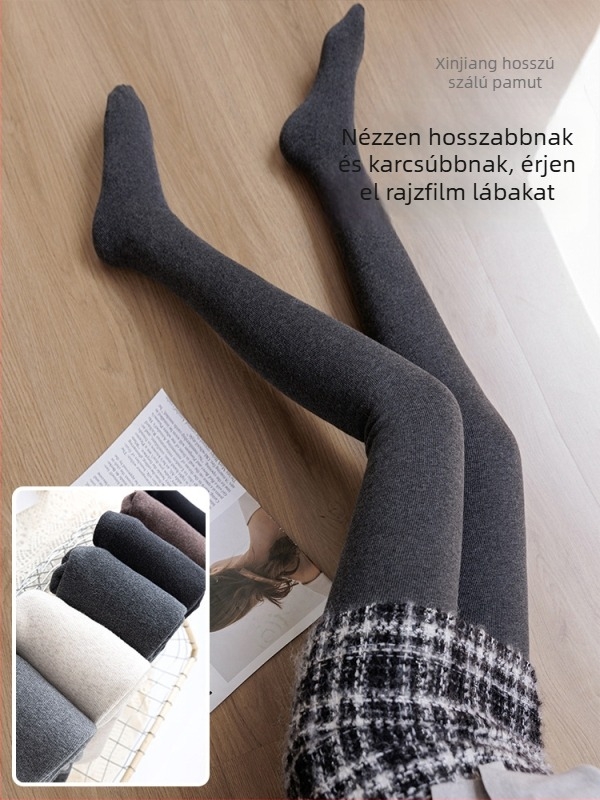 Szürke fleece-beléssel bélelt harisnya ősz-télre, vékony plüss belsővel, egy darabos modell, karcsúsító bordázott mintázat