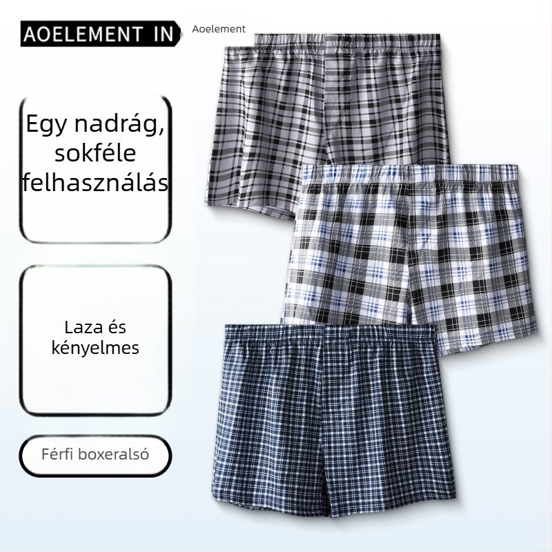 Férfi jégselyem laza szabású boxer brief, középmagasságú deréktáj, kockás mintázat, kötött poliészter anyag