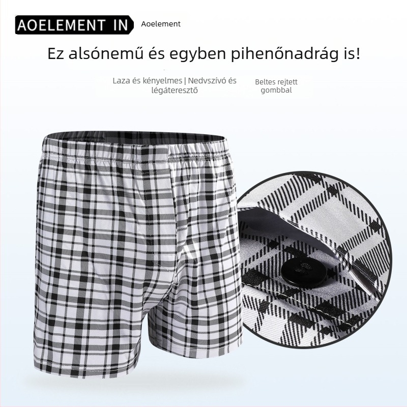 Férfi jégselyem laza szabású boxer brief, középmagasságú deréktáj, kockás mintázat, kötött poliészter anyag